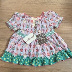 Matilda Jane Pink Schoolhouse Print Dress with Teal Polka Trim.